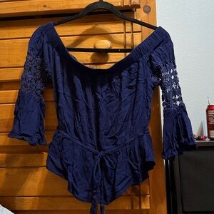 Navy Off-Shoulder Blouse with Lace Sleeves